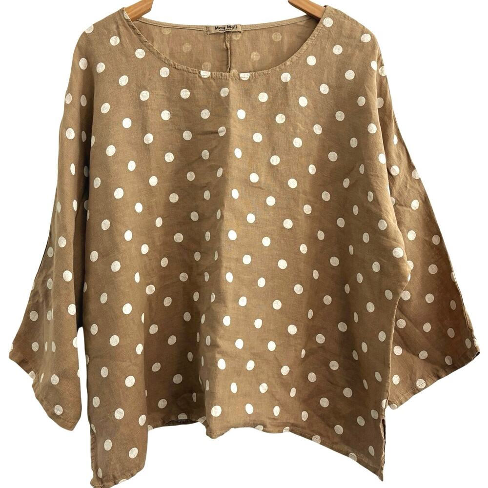 Meo Meli Polka Dot 100% Linen Boat Neck Top Short Sleeve Coastal Italy One Size